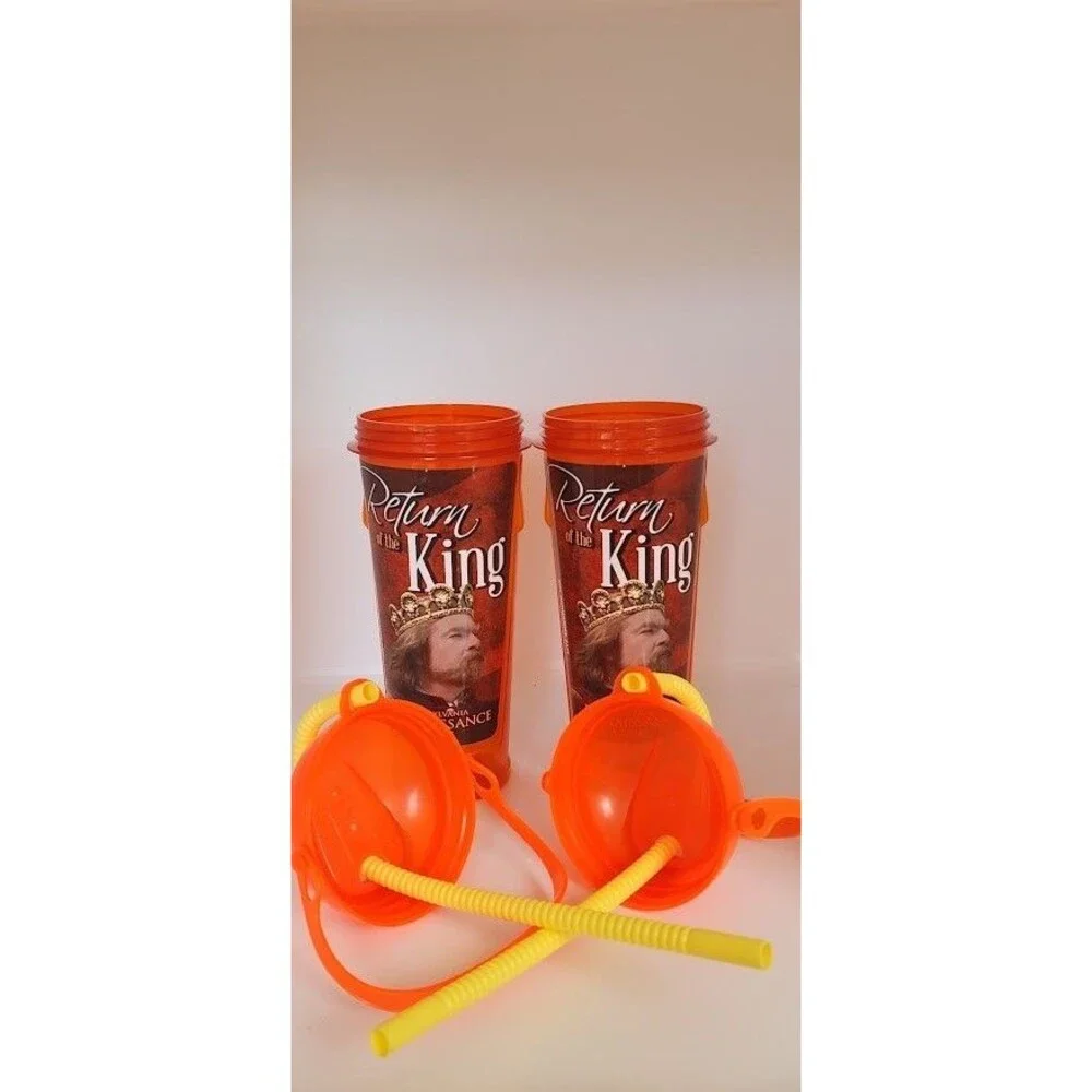 PA Renaissance Faire 2015 Souvenir Cup 2pc Set Pair Embossed Logo Plastic Orange